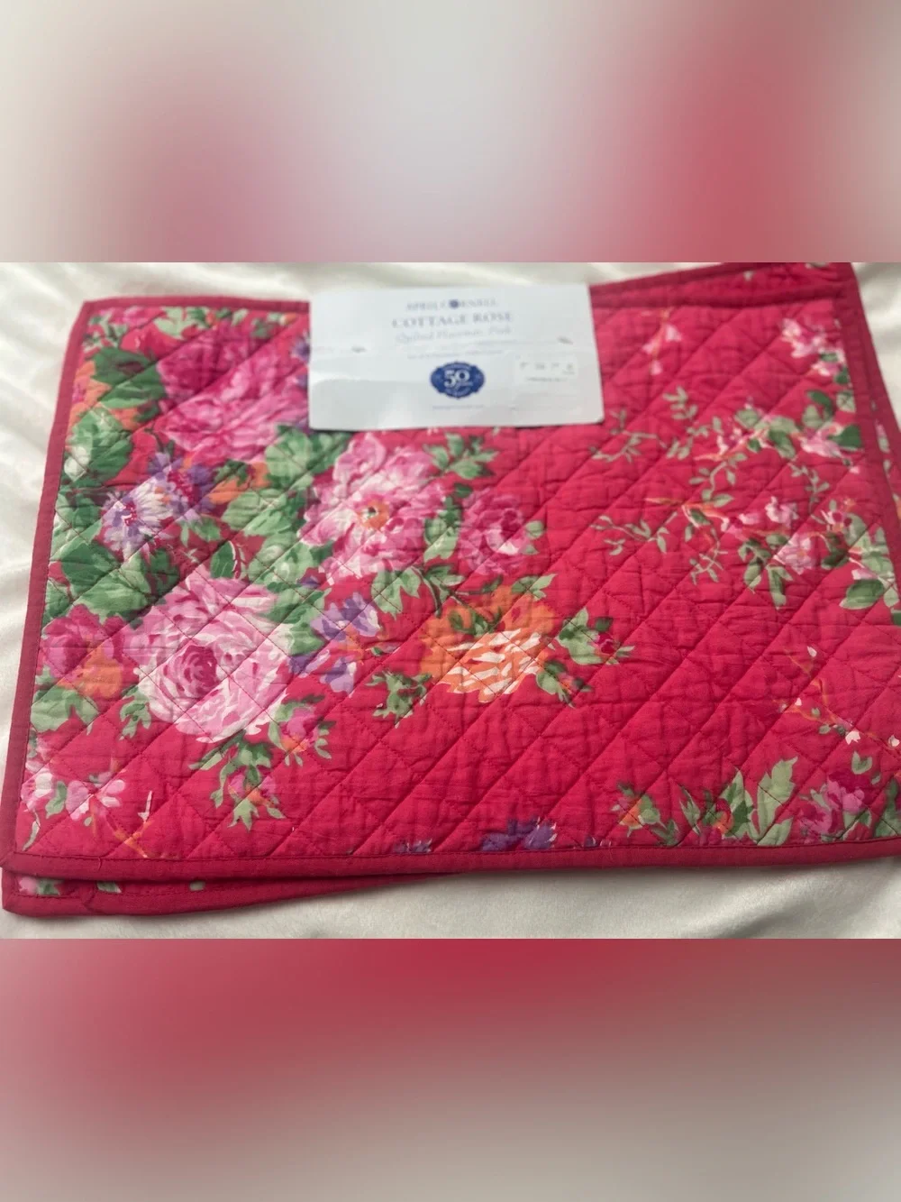 April Cornell Cottage Rose Quilted Placemats Set/4 pink & Green Floral NWT